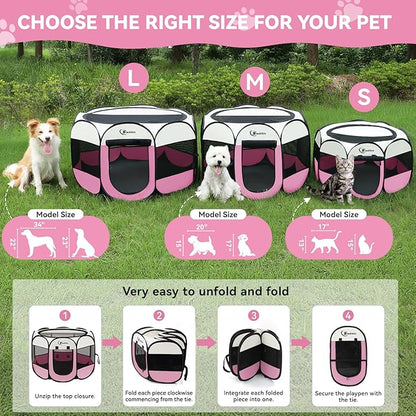 Pink Puppy Playpen for Middle Dog Cat, Dog Tent Crates Cage Indoor/Outdoor, Portable Pop Up Dog Kennel with Carrying Bag for Rabbits, (Pink, Medium)