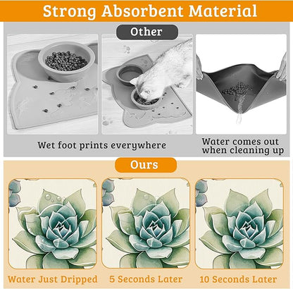 Dog Bowl Mat,Cactus Pet Feeding Mat for Floors Waterproof,Succulents Absorbent Dogs Placemat for Food and Water Quick Dry Pet Cat Feeding Mats with Non Slip Bottom 16" x 24"