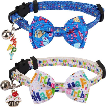 ADOGGYGO Birthday Cat Collars with Bow Bell, Breakaway White Blue Happy Birthday Bowtie Collars for Cats Kittens