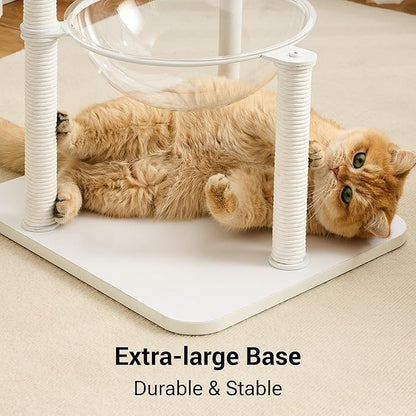 Modern Cat Tree Tower for Indoor Cats up to 12lbs, 34" H Furniture-Style Metal Cat Tower with Scratching Posts, Wood Cat Bed with Soft Plush Cushion Washable, Acrylic Capsule, Soft White