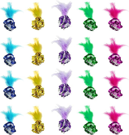 SunGrow Mylar Crinkle Balls with Feathers, 2.5-Inches, Shiny Stress Buster Crinkler, Suitable for Multiple Cats' Engagement, Ideal for Kittens and Grown-ups, 20-Pcs