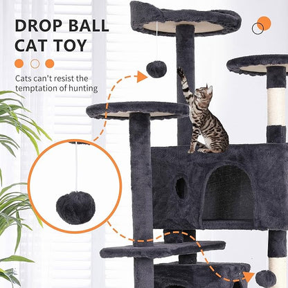 Cat Tree for Indoor Cats, Multi-Level Cat Tower with Scratching Posts & Cozy Condo, Space Saving Cat Activity Center, Durable Pet Play House (54in,Ashy)