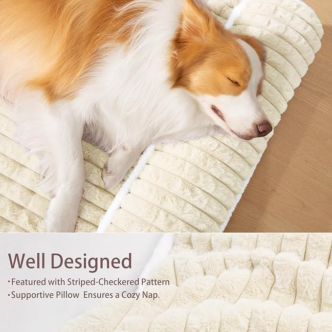 Orthopedic Dog Bed Medium Size Dog with Pillow 30''X20'', Waterproof Soft Comfortable Egg Crate Foam Pet Crate Beds Mat with Removable Washable Cover and Non-Slip Bottom, Cream
