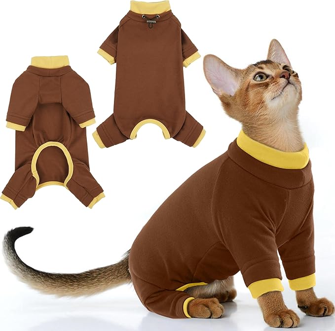 PUMYPOREITY Cat Recovery Suit, Stops Wound Licking After Surgery, Sticky Hair Shirt with Sticky Fabric, Cat Pajamas Prevents Over-Grooming, Brown, XS