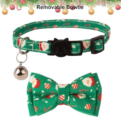 ADOGGYGO Christmas Cat Collar Breakaway with Bowtie Bell - 2 Pack Santa Snowflake Xmas Kitten Collar with Removable Bowtie Christmas Bow tie Collar for Kitten Cat