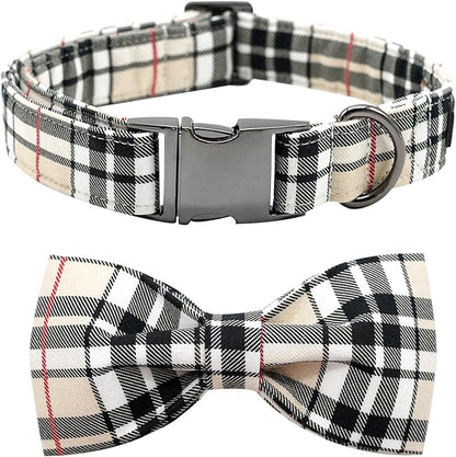 Dog Collar, Bow Dog Collar Plaid Pet Collar Dog Cute Pet Bow Soft Girl or Boy Dog Collars with Metal Buckle Adjustable Collar for Small Puppy