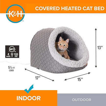 K&H Pet Products Heated Cat Bed - Thermo-Pet Cave for Large Cats, Indoor Heated Pet Bed for Dogs & Cats, Covered Cave Pet Tent, Collapsible, Machine Washable, Safety Listed - 17 X 15 X 13in Gray