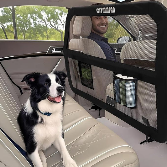 Dog Barrier for Car Back Seat & Cargo Area with Wider Coverage, Universal Fit for Cars, SUVs & Sedans, Dog Car Gate Divider with Chew-Proof Transparent Net and Sturdy Metal Frame for Backseat & Trunk