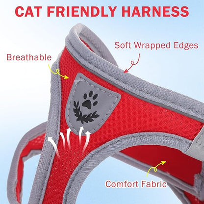 SCENEREAL Cat Harness and Leash Set Escape Proof, Adjustable Soft Air Mesh Kitten Harnesses for Girls Boys Small Medium Big Cats, Reflective Light Travel Pet Walking Vest for Puppy Rabbit, Red M