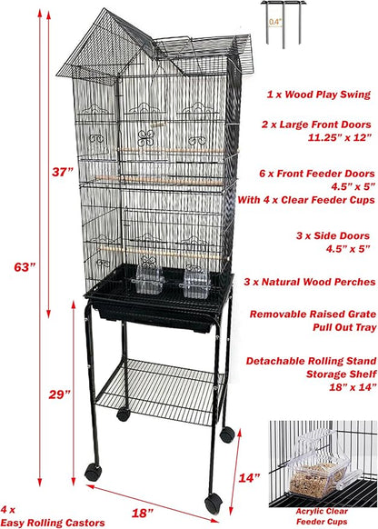 63" Roof Top Bird Flight Parrot Pet House Home Cage with Removable Rolling Stand for Cockatiel Sun Conure Parakeet Finch Budgie Lovebird Canary