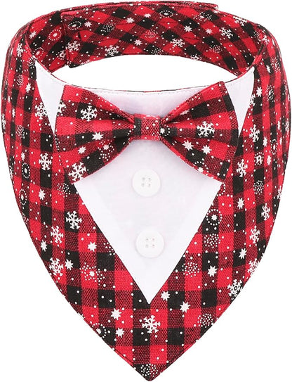 ADOGGYGO Christmas Dog Tuxedo Bandana, Red Plaid Pet Chritstmas Tux with Bowtie Adjustable Christmas Formal Costume for Small Dogs Pets (S)