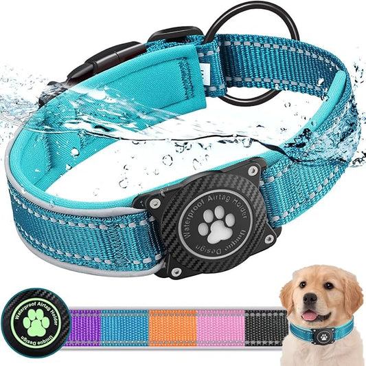 Airtag Dog Collar with Waterproof Air Tag Holder, Luminous Reflective, Soft Padded, Adjustable Nylon Pet Collar for Small Medium Large Heavy Duty Dogs,Blue, S