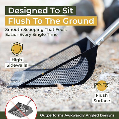 2-in-1 Chicken Coop Poop Scooper and Rake - Metal Sand Sifting Litter Scoop Shovel with Angled Basket and Micro-Sized Diamond Mesh to Catch The Smallest Farm Animal Droppings - Adjustable 12" to 53"