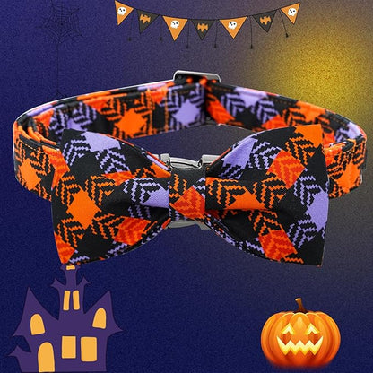 Halloween Dog Collar, Pet Collar Bow Plaid Collars Girl Boy Holiday Pet Collars Gift Bow Dog Collar Cute Soft Puppy Collar for Large Dogs
