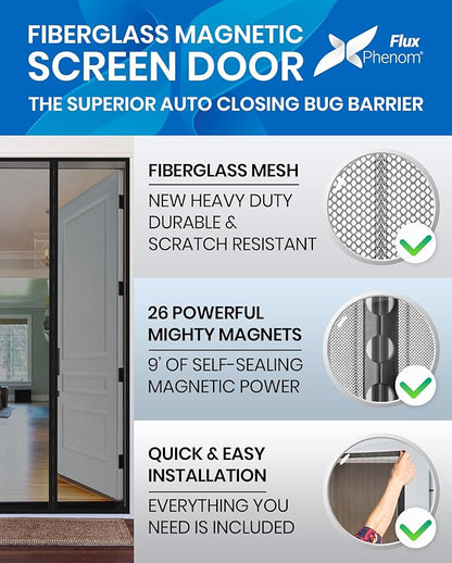 Flux Phenom Upgraded Magnetic Screen Door - Bugs Out, Breeze in - 9min Install Auto-Sealing Heavy Duty Double Stitched Mesh, 52 Magnets, Hands Free Patio Doors Net, Pet & Kid Friendly, 38 x 82 Inch