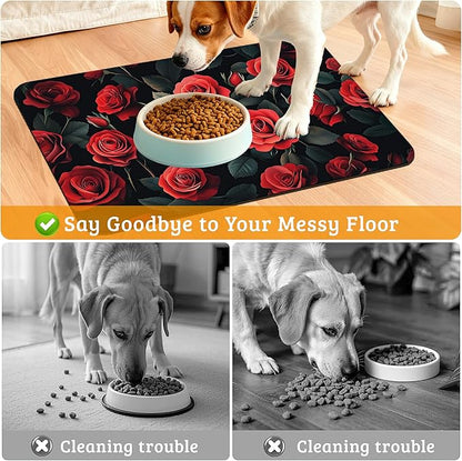 Retro Rose Feeding Mat,Green Leaf Absorbent Quick-Dry Cat Dog Food and Water Bowl Mats,Non-Slip Rubber Backing Mat,Cat Dog Accessories Supplies 12" x 20"