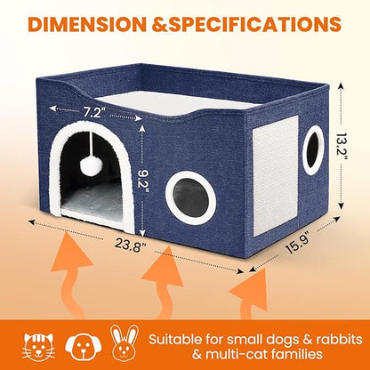 Indoor Heated Cat House, Adjustable Temperature Cat Heating Bed with Timer and Chew Resistant Cord, Large Cat House with Heating Pad for Small Medium and Large Cats