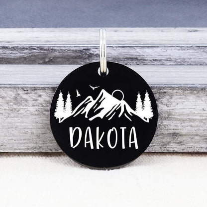 Ultra Joys Stainless Steel Pet ID Tag Dog Name Tags Personalized Front and Back Engraving, Customized Dog Tags and Cat Tags, Optional Engraved on Both Sides, Round Tag w/Mountain on Top Design, Small