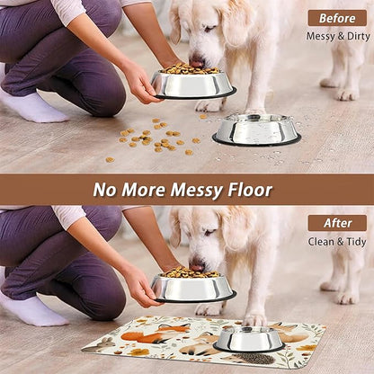 Fox Hedgehog Rabbit Forest Dog Cat Food Mat,Absorbent Pet Feeding Mat with Rubber Backing,Non-Slip Water Bowl Placemat,Indoor Pet Accessories Supplies 16"x24"