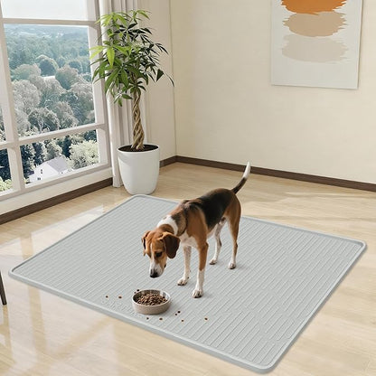 Silicone Cat & Dog Food Mat, 40" x 22" Extra Large Pet Feeding Mat for Cats and Dogs Bowl, Pet Placemat for Food and Water with Raised Edge, Waterproof, Leakproof (Grey)