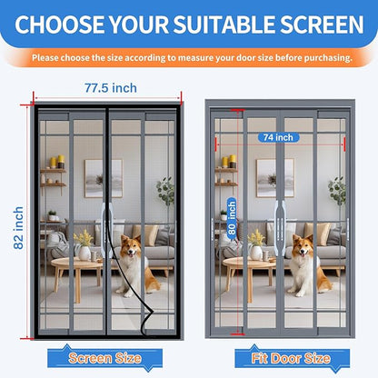 Upgraded PET Mesh Magnetic Screen Door Stronger Than Fiberglass and Polyester,Hands Free,Keep Bugs Out,Pet & Kid Friendly,Suitable for Sliding Doors,Patio and French Doors-74" X 80"