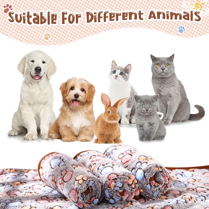 Tatuo 4 Pcs Dog Blanket for Pet Cat Blankets Indoor Puppy Teething Stuff Toys Paw Print Fleece Soft Blanket Sleep Mat for Guinea Pig Cage(Black,Small(24 x 16 Inch),Square)
