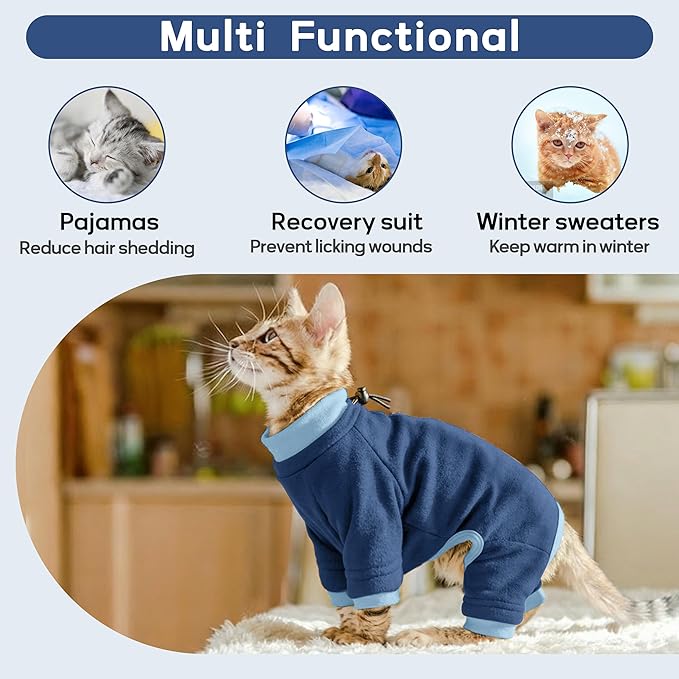 PUMYPOREITY Cat Hair Sticky Sweater, Recovery Suit - Breathable & Lightweight for Post-Surgery Protection, Cat Onsie Prevents Licking Wounds, Blue, 2XL