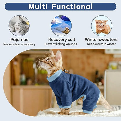 PUMYPOREITY Cat Recovery Suit, Stops Wound Licking After Surgery, Sticky Hair Shirt with Sticky Fabric, Cat Pajamas Prevents Over-Grooming, Blue, S