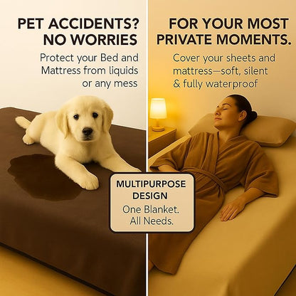 Waterproof Blanket for Bed or Couch – Soft and Leakproof Waterproof Throw Blanket, Water Proof & Stain Resistant Easy to Clean Throw Blanket Cover for Adults or Pets, Reversible Brown 80”x90”