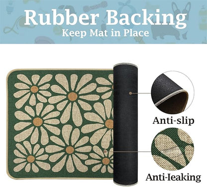 SHIYUE Dog Food Mats for Floors, Absorbent Cat Bowl for Food and Water, Non-Slip Accessories Pet Supplies(17"x30",Forest Green Flower)