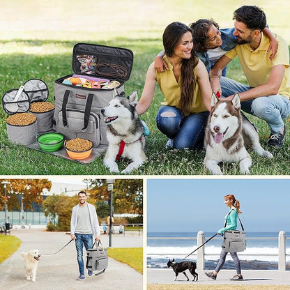 Modoker Dog Travel Organizer with 2 Collapsible Bowls for Supplies & Accessories, Airline Approved Dog Tote Pet Travel Bag with 2 Travel Food Container