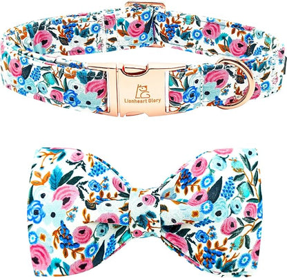 Lionheart glory Dog Collar Bow Collar Floral Dog Collar with Bow Tie Spring Summer Cute Collar Dog Boy or Girl Dog Collars Soft Durable Adjustable Dog Collars for Medium Dogs