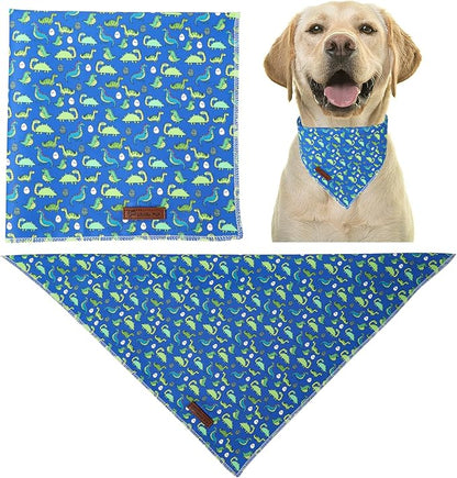 Summer Dog Bandana, UP URARA PUP Dinosaur Triangle Bid Scarf for Medium Large Dogs, Cotton Kerchief for Girl Boy Puppies, Cute Summer BlueBandana,L