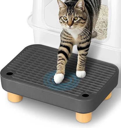Litter Box Step, Litter Box Ramp/Catcher with Wooden Base, Anti-Tracking & Easy to Clean, Ideal for Small & Elderly Cats (Black)