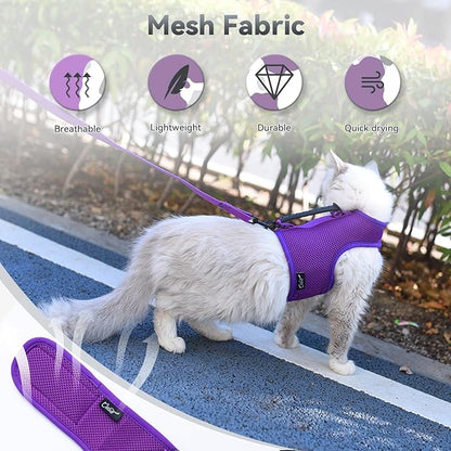Cat Harness and Leash for Walking Escape Proof Breathable Mesh Fabric, Purple, Extra Large, Adjustable Cat Walking Jackets with Handle, Padded Stylish Cat Vest