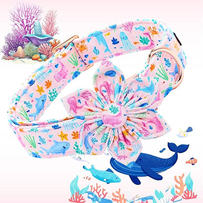 Lionheart glory Dog Collar Flower Pink Dog Collars with Flower Summer Cute Sea Animals Print Collar Dog Female Soft Durable Adjustable Dog Collars for Large Dogs