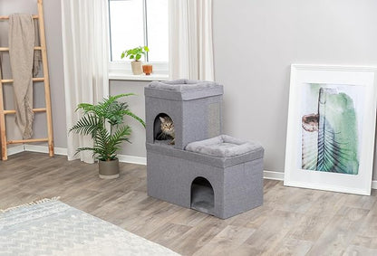 TRIXIE Double Crazy Cube Stackable Cat Condo with Sisal Scratching Surface & Reversible Plush Cushions, Tool-Free Assembly, Collapsible Modular Indoor Cat Furniture for Home Use, Supports up to 35 lbs