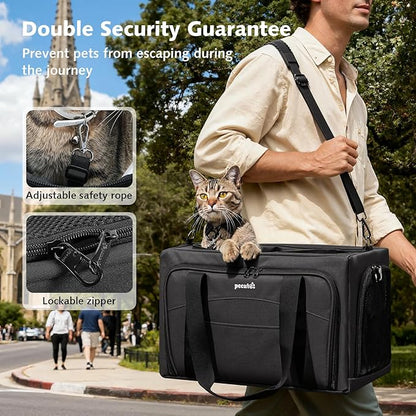 Pecute Cat Carrier Expandable, Stable Pet Carrier with 5mm Thick Steel Wire Frame, Dual-Side 200% Larger Space, Car Travel Carrier with Locking Zippers & Belt, Foldable for Storage, Dark Gray