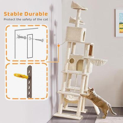 Yaheetech Cat Tree, 82.5in Large Tower w/Hammock, 2 Kitty-Ear Perches, 2 Cozy Condos, Scratching Posts, Basket, Furniture for Large Cats, Kittens, Beige