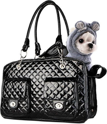 Soft-Sided Pet Travel Carrier Airline Approved for Pet Small Dog and Cat Collapsible, Black Shiny Patent Leather