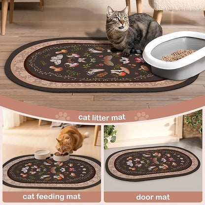 Bienbee Cat Litter Mat, 40" x 30" Jumbo Size Litter Box Mat Rug with Non-Slip Bottom, Urine and Water Proof, Easy to Clean Cat Supplies Essentials for Indoor Kitty Kitten Floor,Brown Mushrooms XL