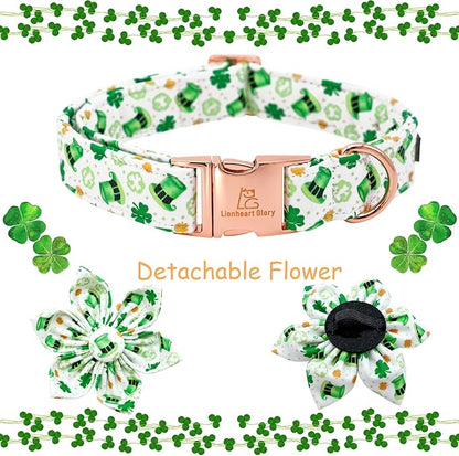 Lionheart glory St. Patrick's Day Dog Collar with Flower Dogs Collar,Soft Green Lucky Clover Shamrock Dog Collars Flower for Large Dogs Soft Collars Bows Heavy Duty