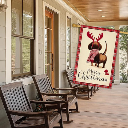 Merry Christmas Garden Flag Back View Dog Reindeer Antlers 28 x 40 Inch Double Sided Welcome Large Yard Banners for Dog Lovers Porch Home Simple Outdoor Winter Holiday Pet Decor