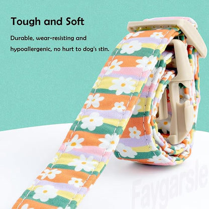 Faygarsle Colorful Floral Dog Collar, Cotton Fabric with Daisy Pattern, Multi-Color Stripes Spring Summer Design for Small Medium Large Dogs L