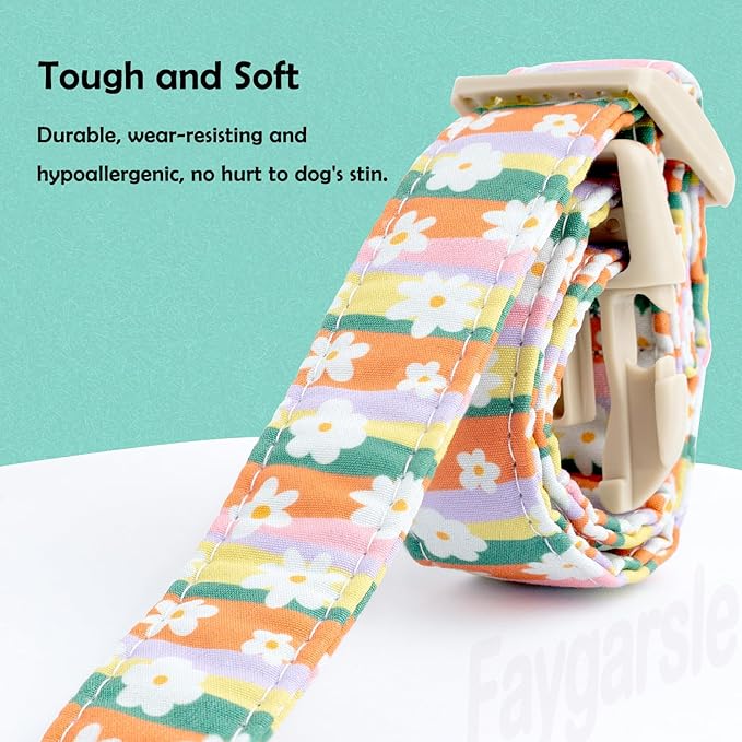Faygarsle Colorful Floral Dog Collar, Cotton Fabric with Daisy Pattern, Multi-Color Stripes Spring Summer Design for Small Medium Large Dogs XS