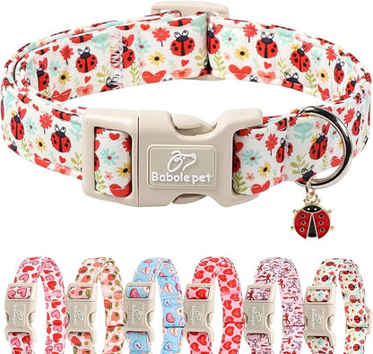 Ladybug Dog Collar for Medium Dogs - Cute Spring/Summer Dog Collar, Lightweight Adjustable Cartoon Love Bug Garden Mom Dogs Collars with Quick Release Buckle M