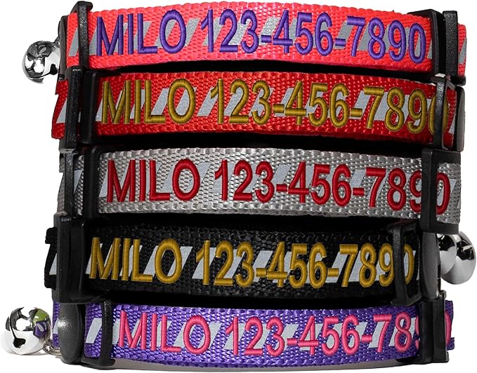 Pawtitas Personalized Black Reflective Cat Collar – Adjustable Custom Collar with Safety Buckle, Removable Bell, and Engraved Name & Phone Number for Kittens and Adult Cats