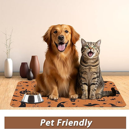 Halloween Dog Food Mat for Floors,Pumpkin Bat Absorbent Quick-Dry Pet Feeding Mat,Cat Dog Bowl Mats for Food and Water,Non-Slip Pet Accessories Supplies 16"x24"