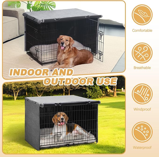 Dog Crate Cover - Double Door Waterproof Pet Kennel Cover, Durable 600D Polyester Protective Cage Cover for 30 Inch Dog Crate - Grey
