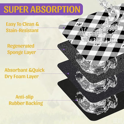 Cat Checked Plaid Dog Cat Food Mat, Absorbent Feeding Mat with Fast-Dry Surface, Rubber Backing for Messy Drinkers – 12x20 Inch